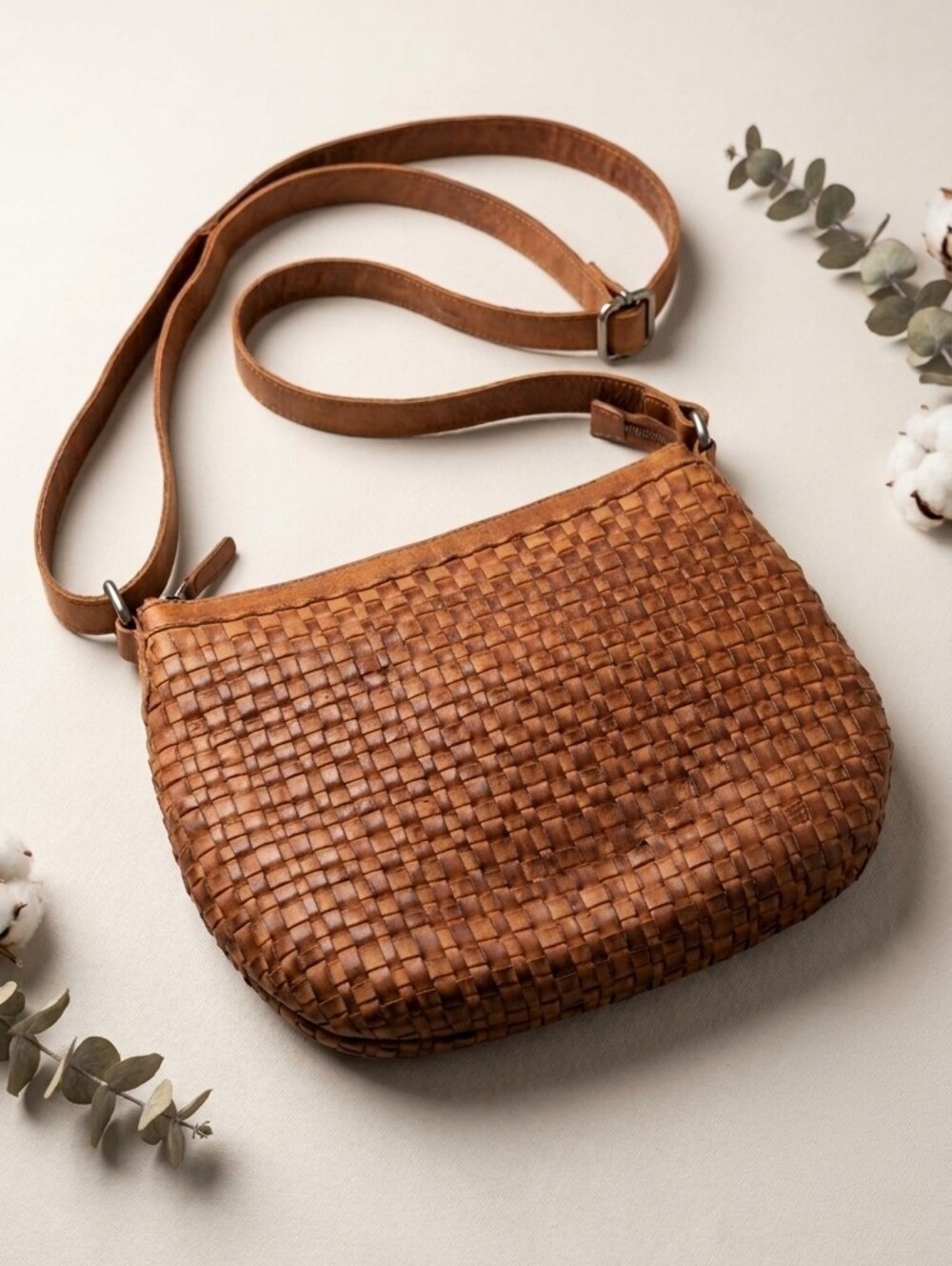 Woven Leather Crossbody Bag in Cognac Brown